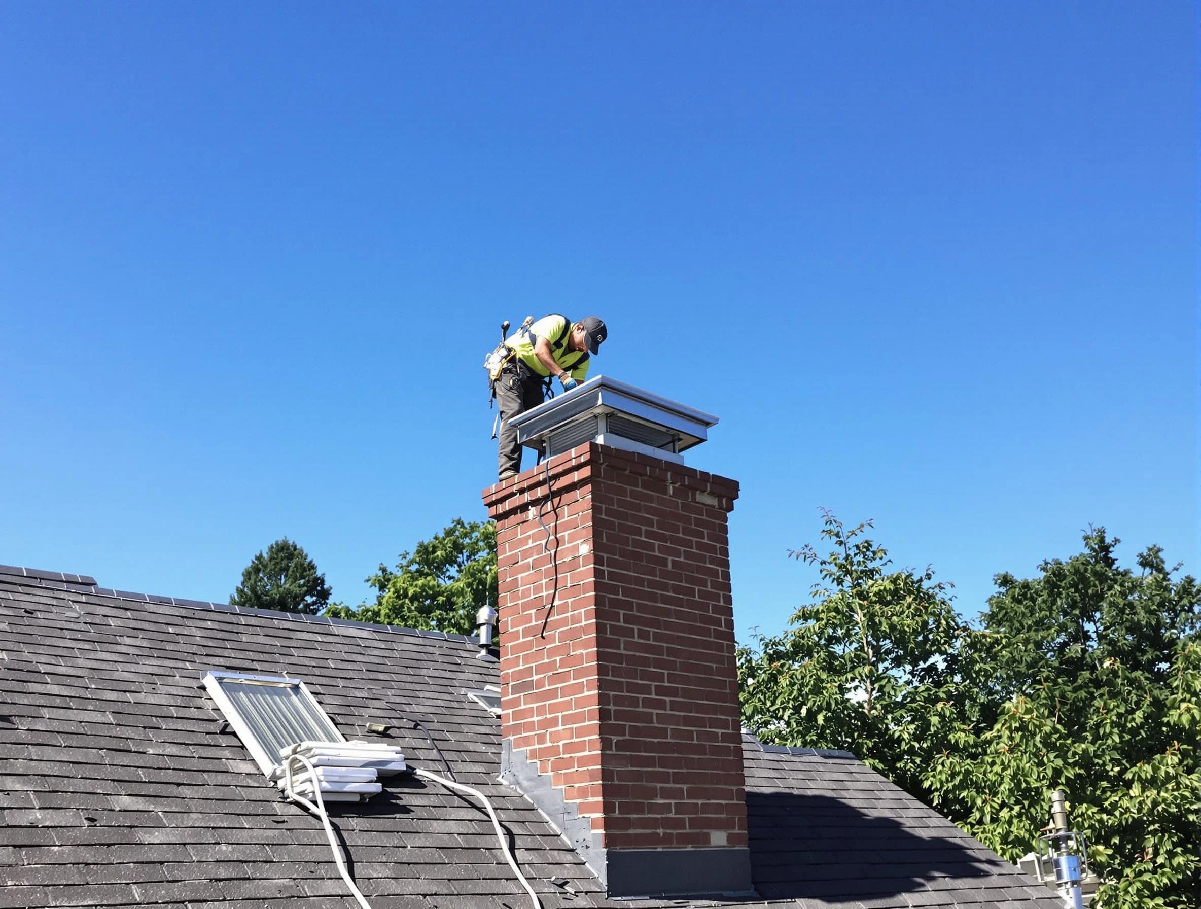 Golden Chimney Sweep technician measuring a chimney cap in Golden, CO